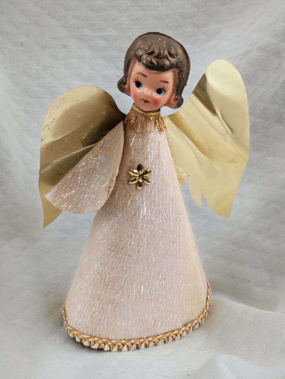 Vintage 1950s iridescent Doll Face Gold Foil Wings Angel Christmas tree topper
